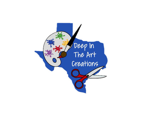 Deep In the Art Creations logo in the shape of the state of Texas, which is color blue. Has scissors with red handle over lower part of texas and a paint pallet in upper left part of Texas, with purple, blue, green, red, and yellow paint colors on it. The Paint pallet has a paintbrush over it. 