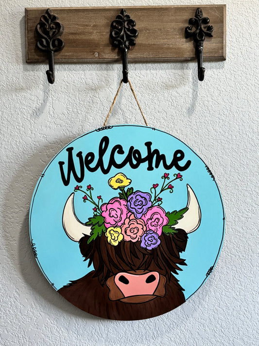Welcome Highlander Cow with Flowers Door Hanger